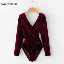 Load image into Gallery viewer, SyouyonStar Velvet Bodysuit Women Jumpsuits Deep V Neck Long Sleeve Autumn Rompers Sexy Slim jump suit body Red Bodysuits